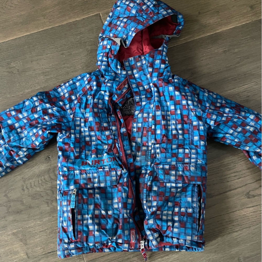 Burton Kids Hooded Puffer Jacket in Blue and Red Mosaic Print